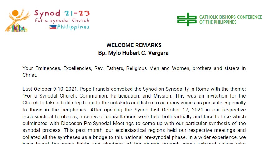 Welcome Remarks by Bishop Mylo Hubert Vergara  | National Synodal Consultation